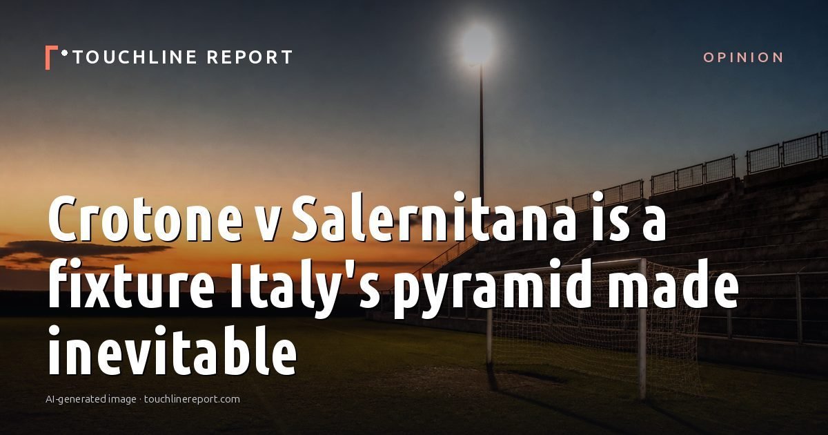 Illustration for the Opinion article “Crotone v Salernitana is a fixture Italy's pyramid made inevitable”: an AI-generated editorial illustration showing an empty training ground at dawn with cones and markers laid out, with the headline set over it. Illustrative only, not a photograph of a real event.
