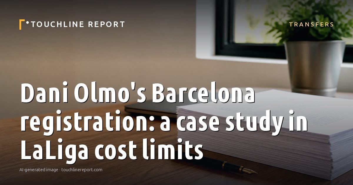 Illustration for the Transfers article “Dani Olmo's Barcelona registration: a case study in LaLiga cost limits”: an AI-generated editorial illustration showing a scene illustrating the subject of the article, with the headline set over it. Illustrative only, not a photograph of a real event.