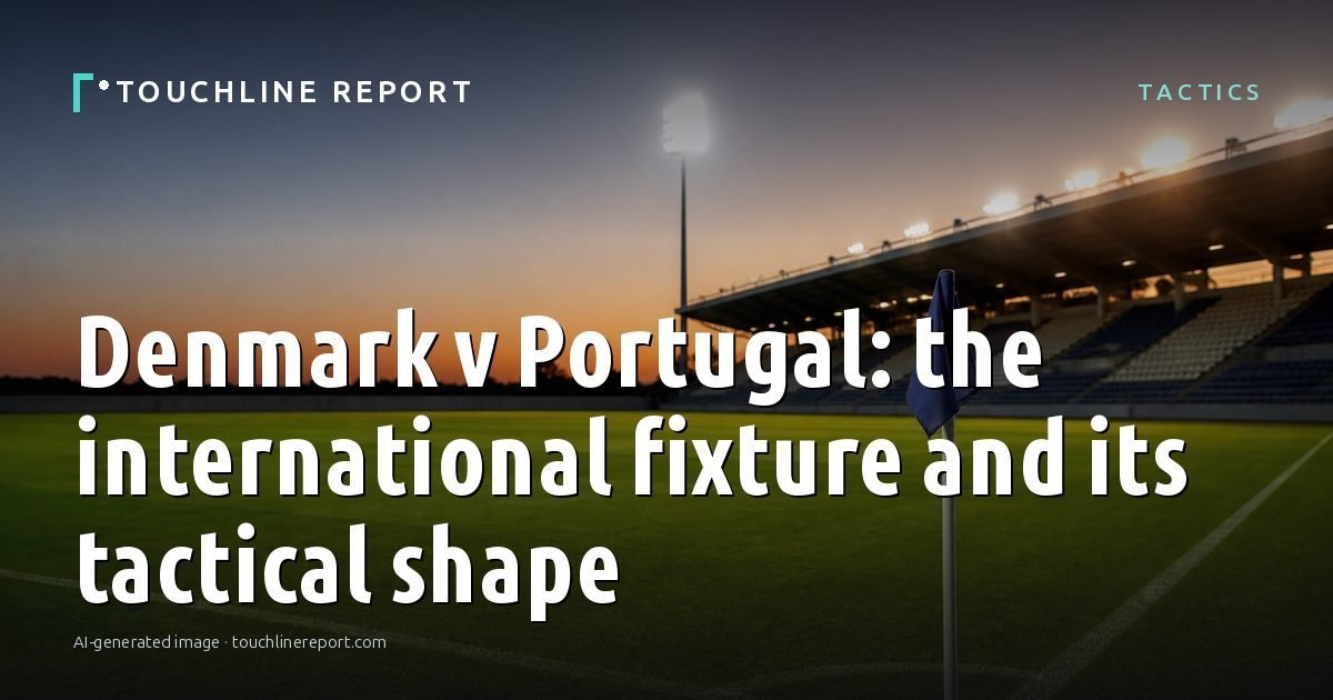Illustration for the Tactics article “Denmark v Portugal: the international fixture and its tactical shape”: an AI-generated editorial illustration showing an empty training ground at dawn with cones and markers laid out, with the headline set over it. Illustrative only, not a photograph of a real event.