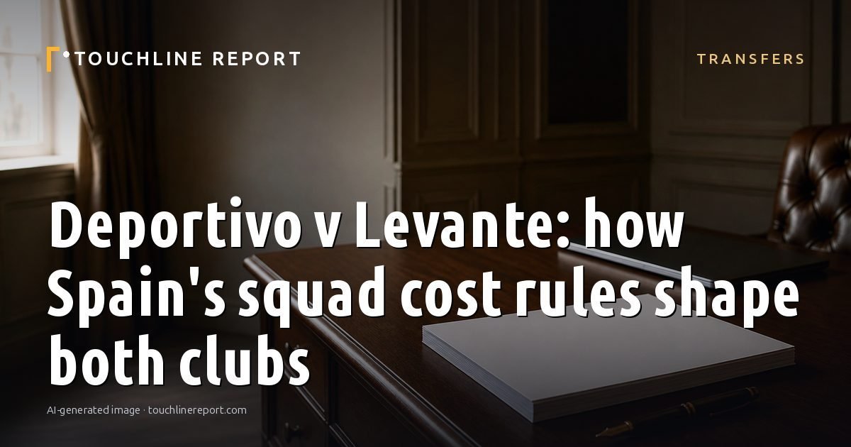 Illustration for the Transfers article “Deportivo v Levante: how Spain's squad cost rules shape both clubs”: an AI-generated editorial illustration showing an empty training ground at dawn with cones and markers laid out, with the headline set over it. Illustrative only, not a photograph of a real event.