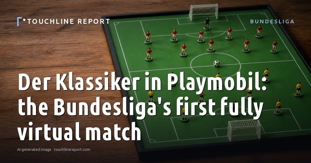 Illustration for the Bundesliga article “Der Klassiker in Playmobil: the Bundesliga's first fully virtual match”: an AI-generated editorial illustration showing an empty training ground at dawn with cones and markers laid out, with the headline set over it. Illustrative only, not a photograph of a real event.