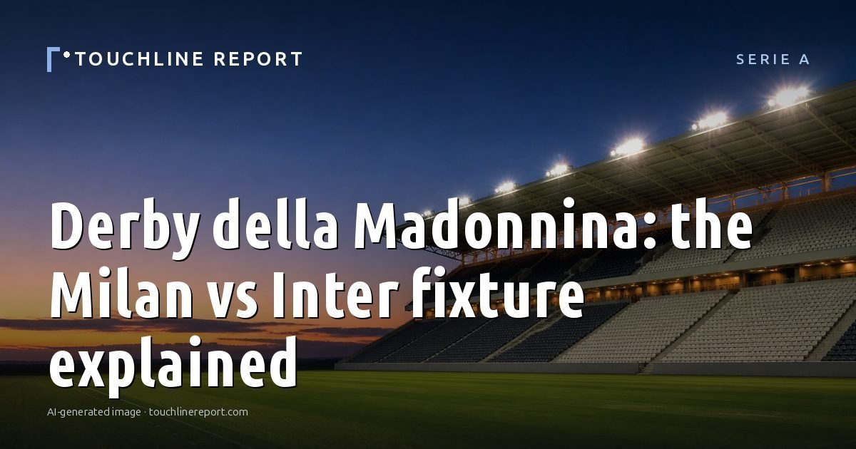 Illustration for the Serie A article “Derby della Madonnina: the Milan vs Inter fixture explained”: an AI-generated editorial illustration showing an empty training ground at dawn with cones and markers laid out, with the headline set over it. Illustrative only, not a photograph of a real event.