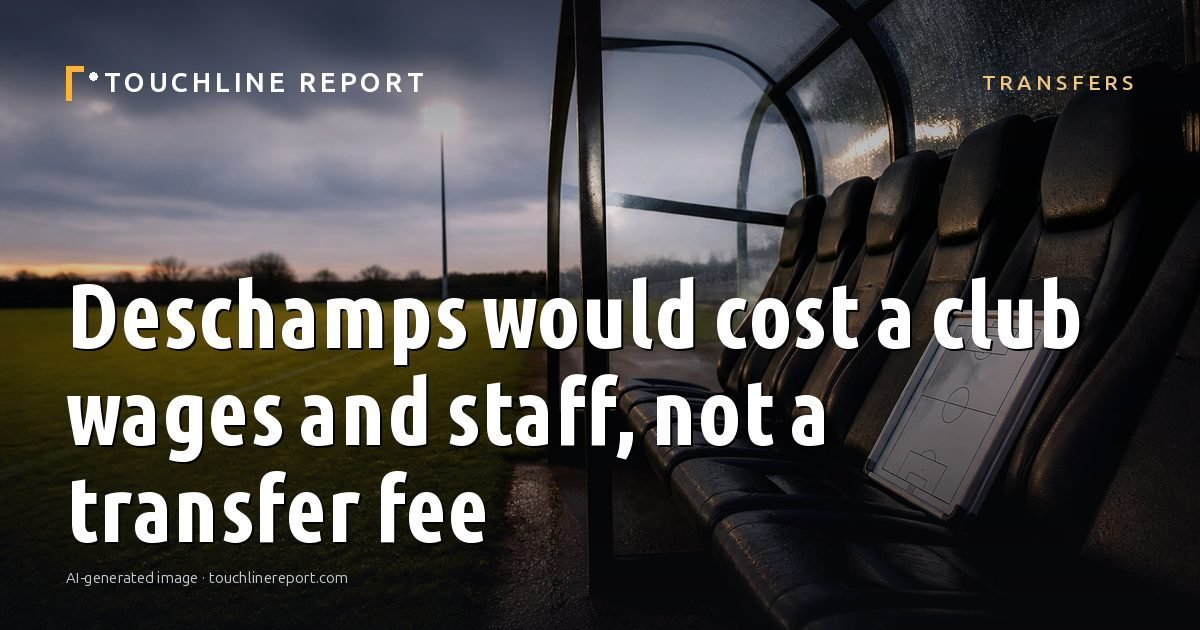 Illustration for the Transfers article “Deschamps would cost a club wages and staff, not a transfer fee”: an AI-generated editorial illustration showing a scene illustrating the subject of the article, with the headline set over it. Illustrative only, not a photograph of a real event.