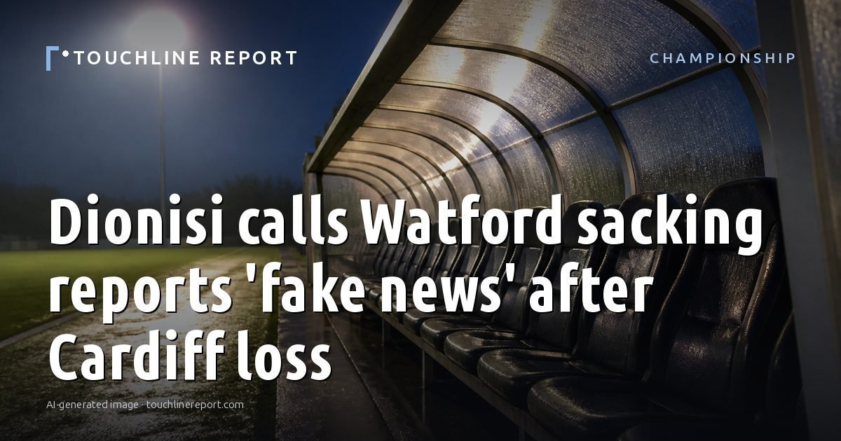 Illustration for the Championship article “Dionisi calls Watford sacking reports 'fake news' after Cardiff loss”: an AI-generated editorial illustration showing an empty training ground at dawn with cones and markers laid out, with the headline set over it. Illustrative only, not a photograph of a real event.