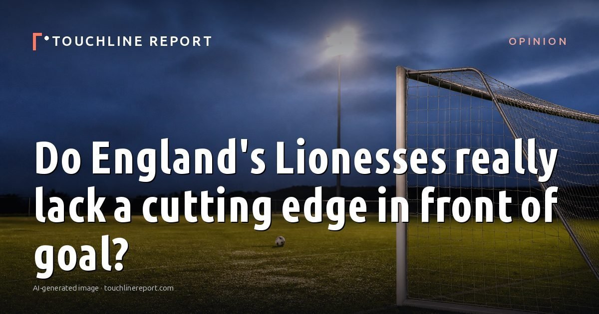 Illustration for the Opinion article “Do England's Lionesses really lack a cutting edge in front of goal?”: an AI-generated editorial illustration showing an empty training ground at dawn with cones and markers laid out, with the headline set over it. Illustrative only, not a photograph of a real event.