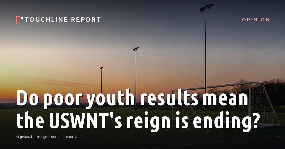 Illustration for the Opinion article “Do poor youth results mean the USWNT's reign is ending?”: an AI-generated editorial illustration showing an empty training ground at dawn with cones and markers laid out, with the headline set over it. Illustrative only, not a photograph of a real event.