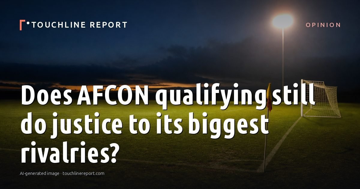 Illustration for the Opinion article “Does AFCON qualifying still do justice to its biggest rivalries?”: an AI-generated editorial illustration showing an empty training ground at dawn with cones and markers laid out, with the headline set over it. Illustrative only, not a photograph of a real event.