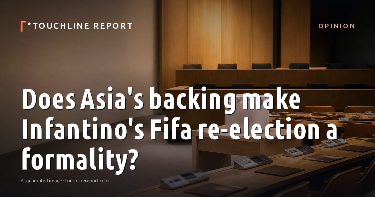 Illustration for the Opinion article “Does Asia's backing make Infantino's Fifa re-election a formality?”: an AI-generated editorial illustration showing an empty training ground at dawn with cones and markers laid out, with the headline set over it. Illustrative only, not a photograph of a real event.