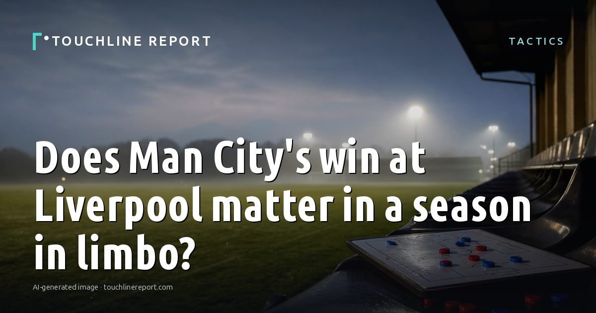 Illustration for the Tactics article “Does Man City's win at Liverpool matter in a season in limbo?”: an AI-generated editorial illustration showing a scene illustrating the subject of the article, with the headline set over it. Illustrative only, not a photograph of a real event.