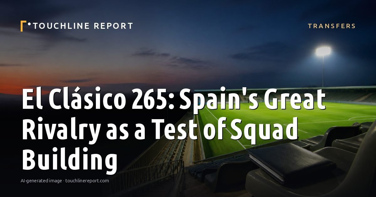 Illustration for the Transfers article “El Clásico 265: Spain's Great Rivalry as a Test of Squad Building”: an AI-generated editorial illustration showing an empty training ground at dawn with cones and markers laid out, with the headline set over it. Illustrative only, not a photograph of a real event.
