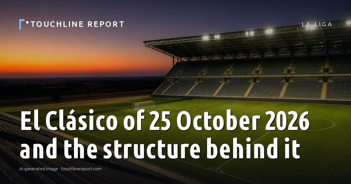 Illustration for the La Liga article “El Clásico of 25 October 2026 and the structure behind it”: an AI-generated editorial illustration showing an empty training ground at dawn with cones and markers laid out, with the headline set over it. Illustrative only, not a photograph of a real event.