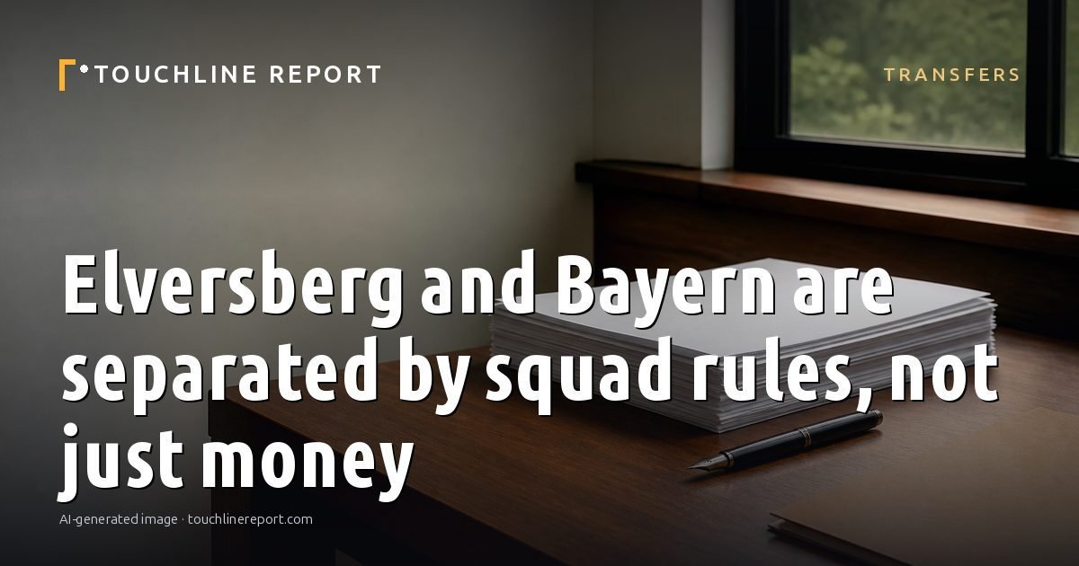 Illustration for the Transfers article “Elversberg and Bayern are separated by squad rules, not just money”: an AI-generated editorial illustration showing an empty training ground at dawn with cones and markers laid out, with the headline set over it. Illustrative only, not a photograph of a real event.