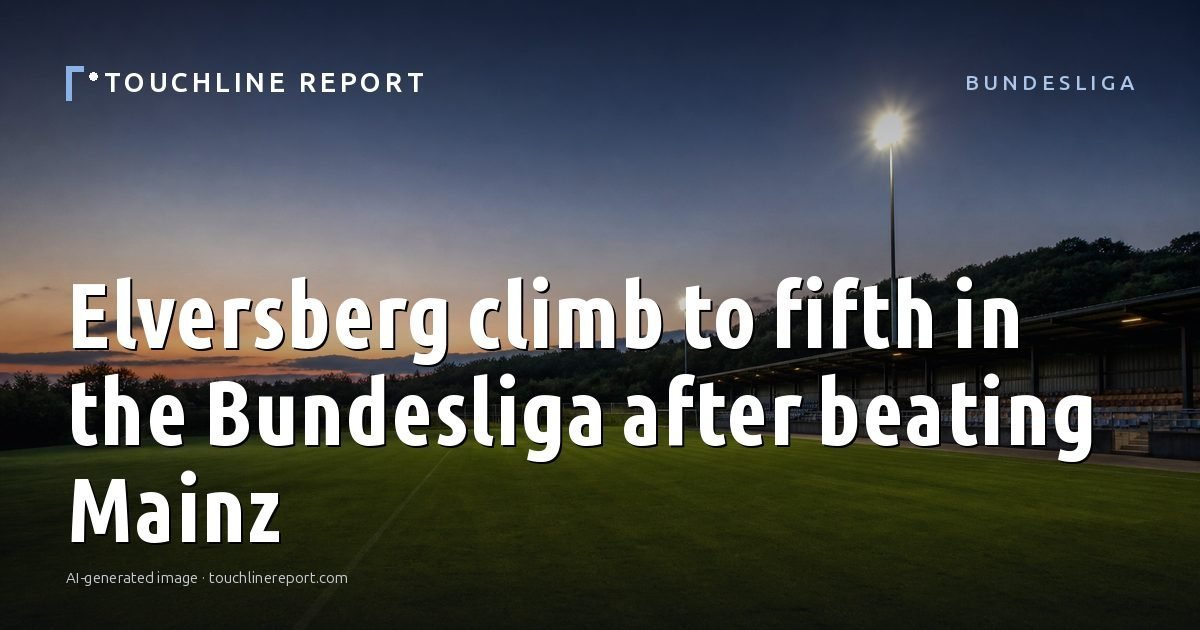 Illustration for the Bundesliga article “Elversberg climb to fifth in the Bundesliga after beating Mainz”: an AI-generated editorial illustration showing an empty training ground at dawn with cones and markers laid out, with the headline set over it. Illustrative only, not a photograph of a real event.