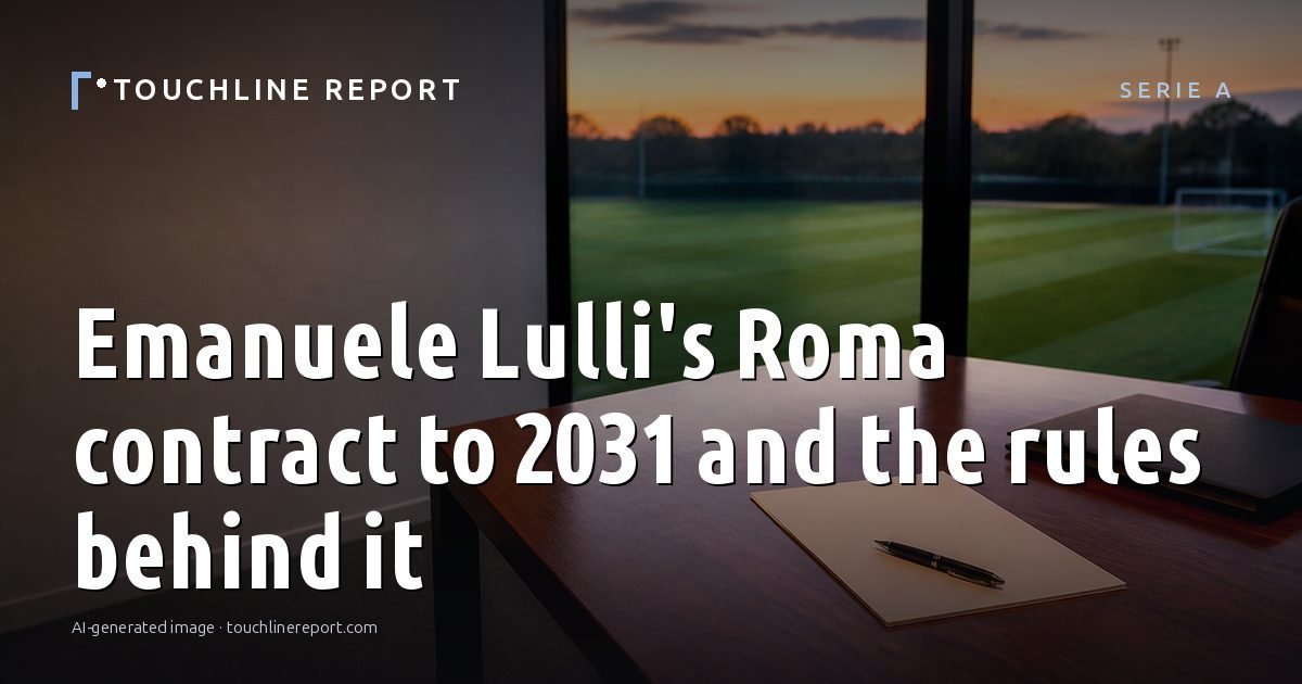 Illustration for the Serie A article “Emanuele Lulli's Roma contract to 2031 and the rules behind it”: an AI-generated editorial illustration showing a scene illustrating the subject of the article, with the headline set over it. Illustrative only, not a photograph of a real event.