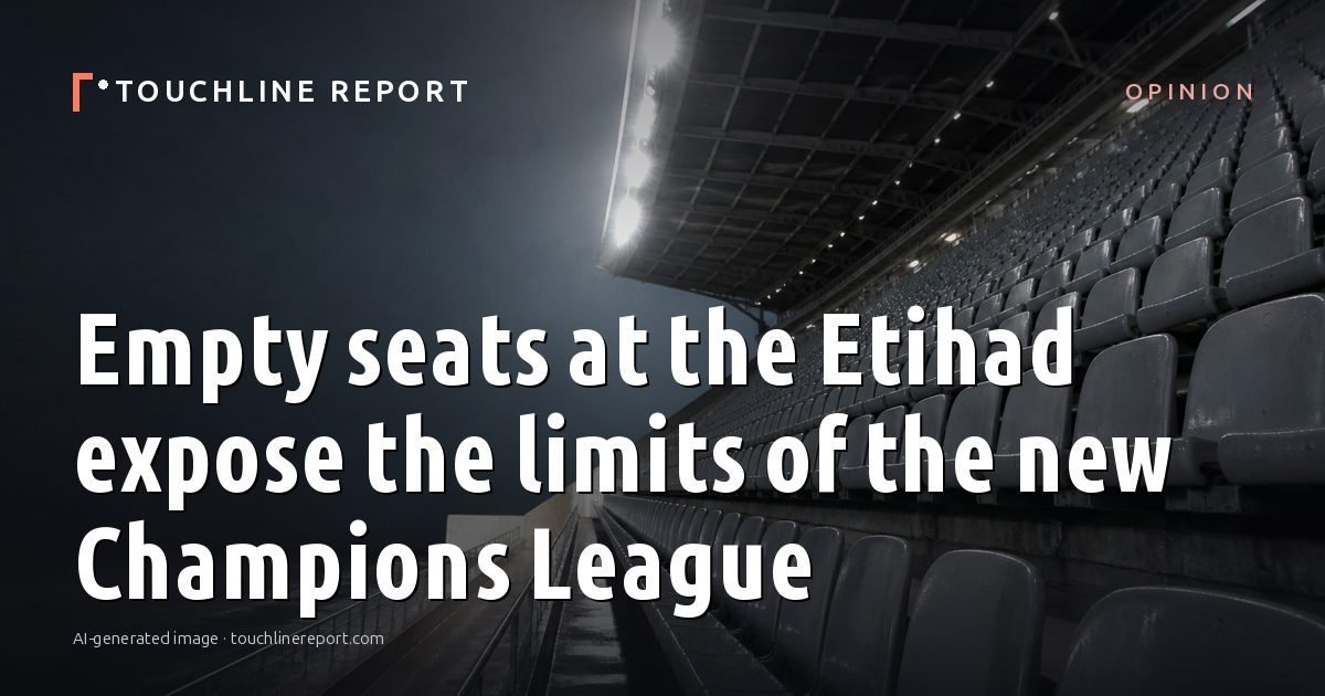Illustration for the Opinion article “Empty seats at the Etihad expose the limits of the new Champions League”: an AI-generated editorial illustration showing a scene illustrating the subject of the article, with the headline set over it. Illustrative only, not a photograph of a real event.
