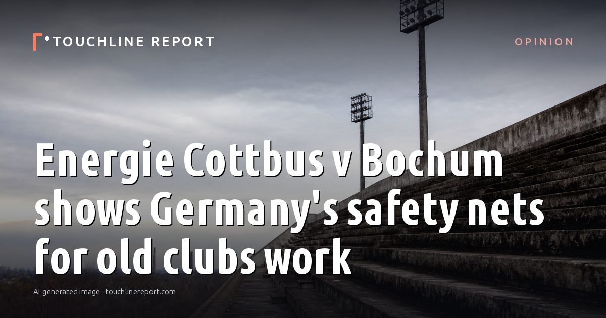 Illustration for the Opinion article “Energie Cottbus v Bochum shows Germany's safety nets for old clubs work”: an AI-generated editorial illustration showing an empty training ground at dawn with cones and markers laid out, with the headline set over it. Illustrative only, not a photograph of a real event.
