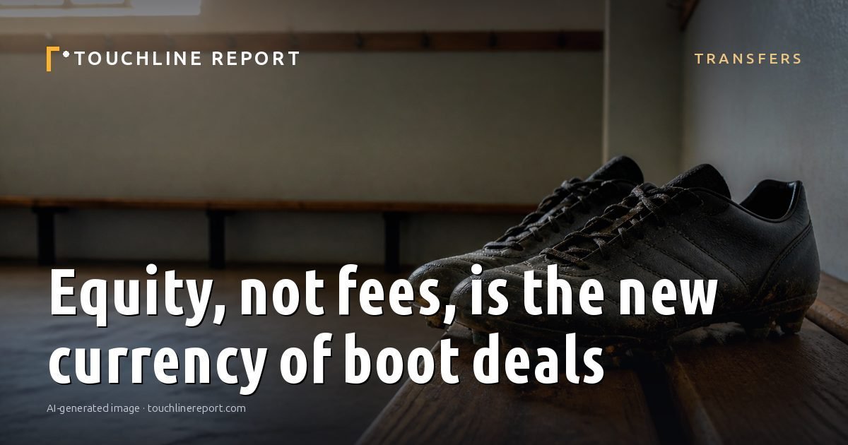 Illustration for the Transfers article “Equity, not fees, is the new currency of boot deals”: an AI-generated editorial illustration showing a scene illustrating the subject of the article, with the headline set over it. Illustrative only, not a photograph of a real event.