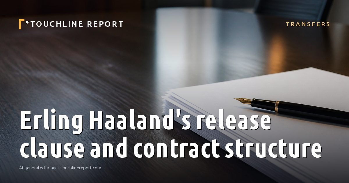 Illustration for the Transfers article “Erling Haaland's release clause and contract structure”: an AI-generated editorial illustration showing a scene illustrating the subject of the article, with the headline set over it. Illustrative only, not a photograph of a real event.