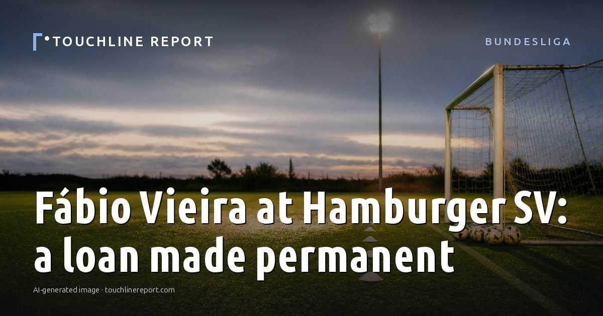 Illustration for the Bundesliga article “Fábio Vieira at Hamburger SV: a loan made permanent”: an AI-generated editorial illustration showing a scene illustrating the subject of the article, with the headline set over it. Illustrative only, not a photograph of a real event.