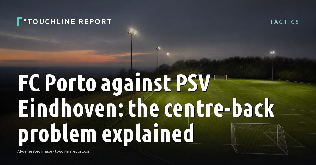 Illustration for the Tactics article “FC Porto against PSV Eindhoven: the centre-back problem explained”: an AI-generated editorial illustration showing an empty training ground at dawn with cones and markers laid out, with the headline set over it. Illustrative only, not a photograph of a real event.