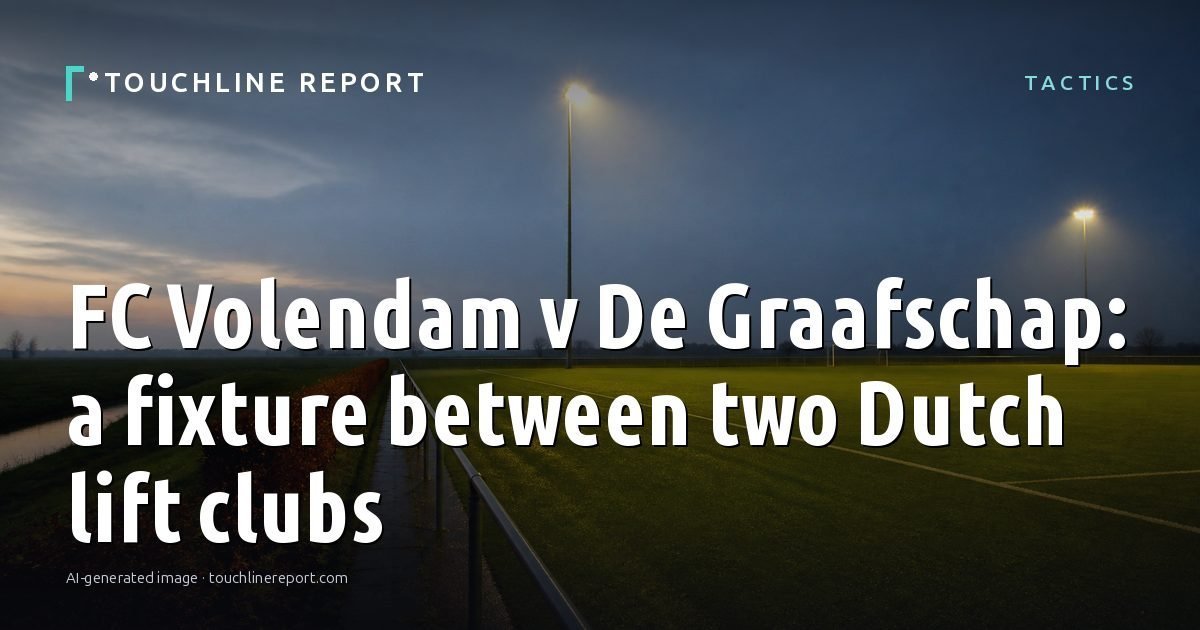 Illustration for the Tactics article “FC Volendam v De Graafschap: a fixture between two Dutch lift clubs”: an AI-generated editorial illustration showing an empty training ground at dawn with cones and markers laid out, with the headline set over it. Illustrative only, not a photograph of a real event.