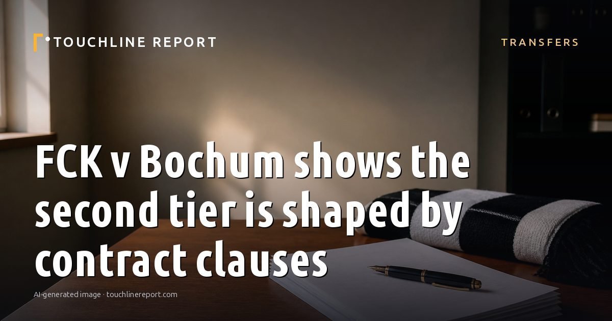 Illustration for the Transfers article “FCK v Bochum shows the second tier is shaped by contract clauses”: an AI-generated editorial illustration showing a scene illustrating the subject of the article, with the headline set over it. Illustrative only, not a photograph of a real event.