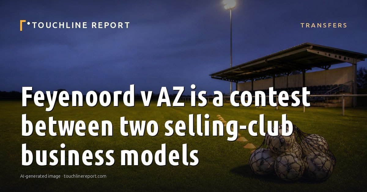 Illustration for the Transfers article “Feyenoord v AZ is a contest between two selling-club business models”: an AI-generated editorial illustration showing a scene illustrating the subject of the article, with the headline set over it. Illustrative only, not a photograph of a real event.