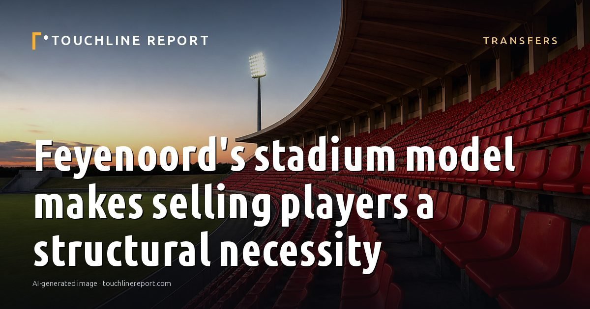 Illustration for the Transfers article “Feyenoord's stadium model makes selling players a structural necessity”: an AI-generated editorial illustration showing a scene illustrating the subject of the article, with the headline set over it. Illustrative only, not a photograph of a real event.