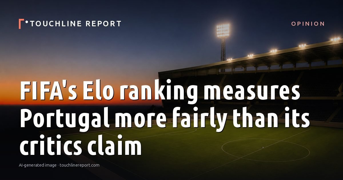 Illustration for the Opinion article “FIFA's Elo ranking measures Portugal more fairly than its critics claim”: an AI-generated editorial illustration showing an empty training ground at dawn with cones and markers laid out, with the headline set over it. Illustrative only, not a photograph of a real event.
