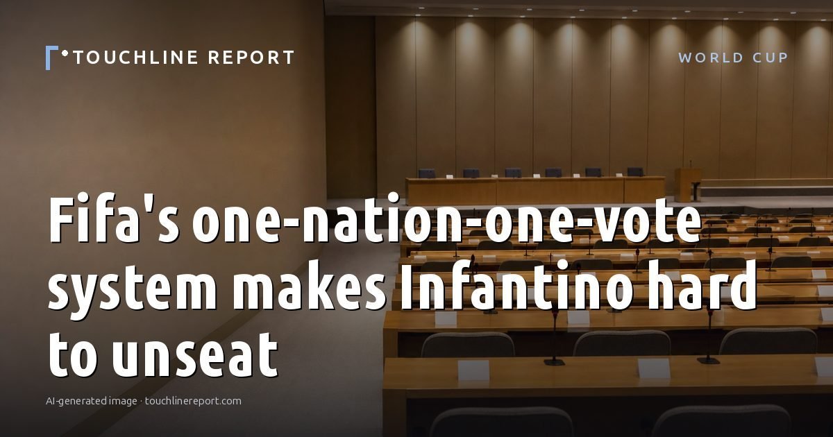 Illustration for the World Cup article “Fifa's one-nation-one-vote system makes Infantino hard to unseat”: an AI-generated editorial illustration showing a scene illustrating the subject of the article, with the headline set over it. Illustrative only, not a photograph of a real event.