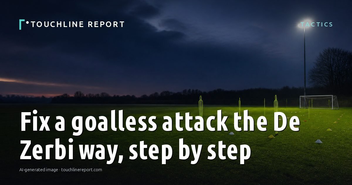 Illustration for the Tactics article “Fix a goalless attack the De Zerbi way, step by step”: an AI-generated editorial illustration showing a scene illustrating the subject of the article, with the headline set over it. Illustrative only, not a photograph of a real event.