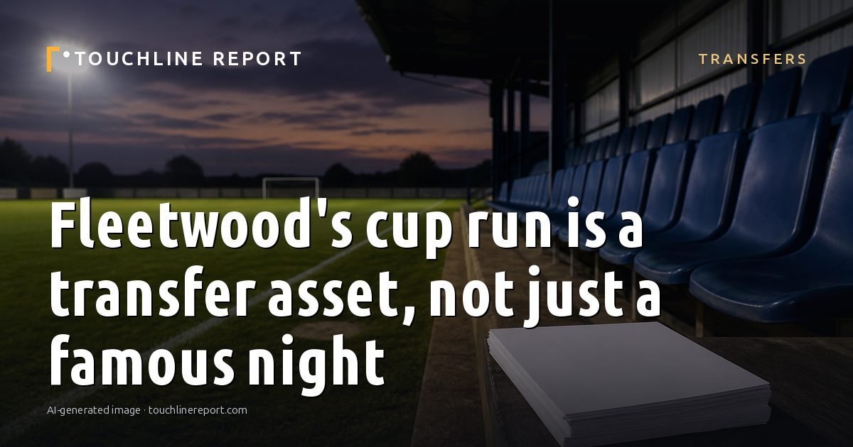 Illustration for the Transfers article “Fleetwood's cup run is a transfer asset, not just a famous night”: an AI-generated editorial illustration showing a scene illustrating the subject of the article, with the headline set over it. Illustrative only, not a photograph of a real event.