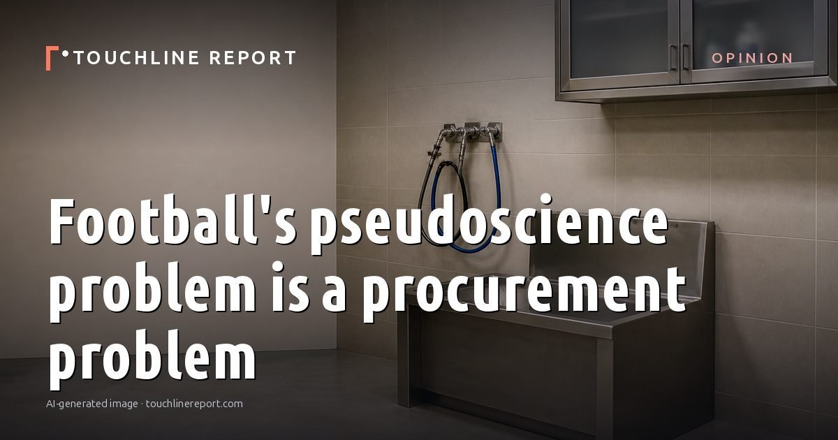 Illustration for the Opinion article “Football's pseudoscience problem is a procurement problem”: an AI-generated editorial illustration showing an empty training ground at dawn with cones and markers laid out, with the headline set over it. Illustrative only, not a photograph of a real event.