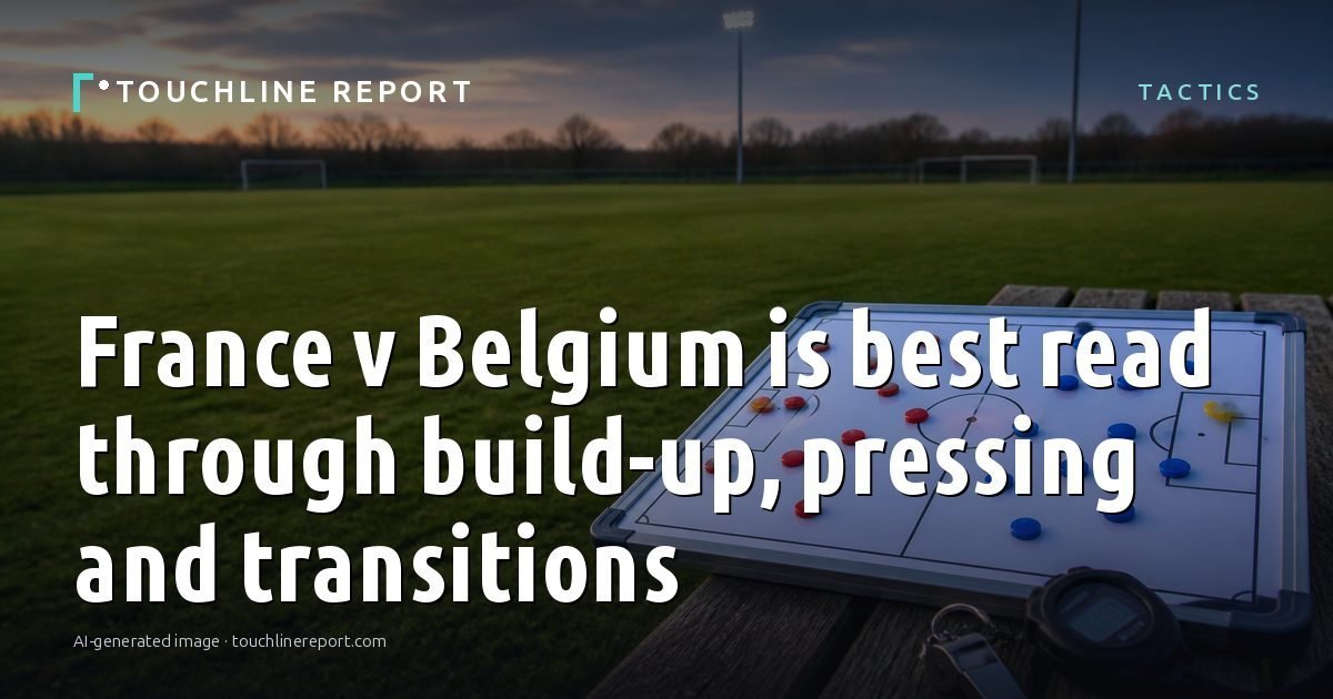 Illustration for the Tactics article “France v Belgium is best read through build-up, pressing and transitions”: an AI-generated editorial illustration showing an empty training ground at dawn with cones and markers laid out, with the headline set over it. Illustrative only, not a photograph of a real event.