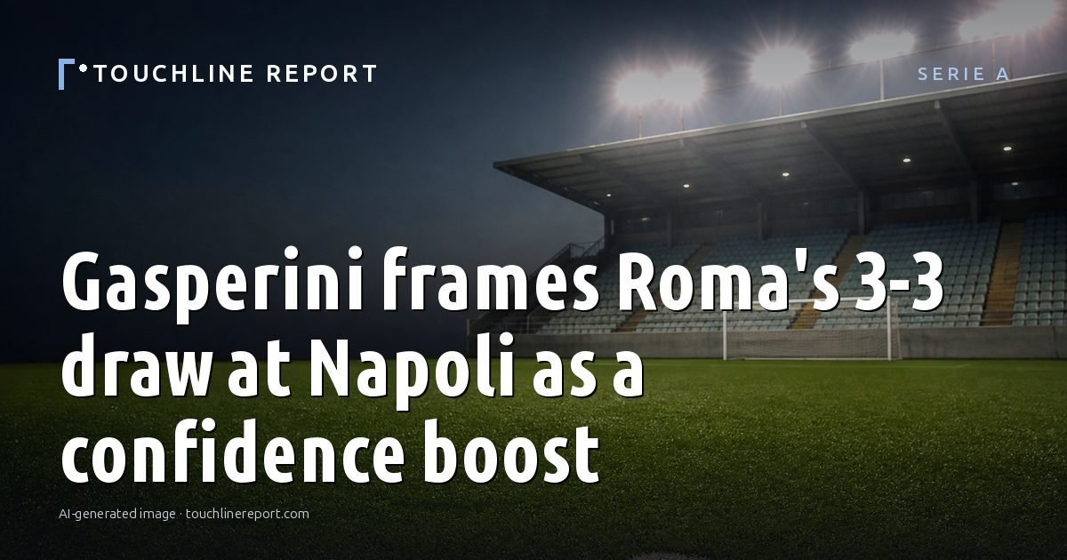 Illustration for the Serie A article “Gasperini frames Roma's 3-3 draw at Napoli as a confidence boost”: an AI-generated editorial illustration showing a scene illustrating the subject of the article, with the headline set over it. Illustrative only, not a photograph of a real event.