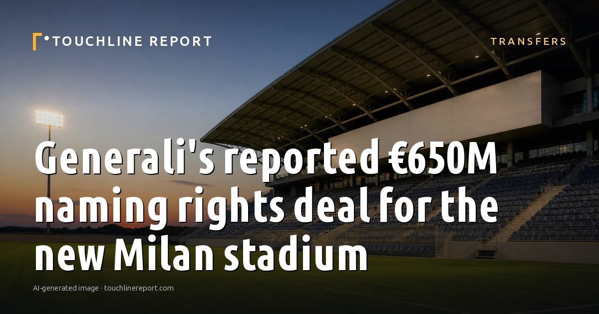 Illustration for the Transfers article “Generali's reported €650M naming rights deal for the new Milan stadium”: an AI-generated editorial illustration showing a scene illustrating the subject of the article, with the headline set over it. Illustrative only, not a photograph of a real event.