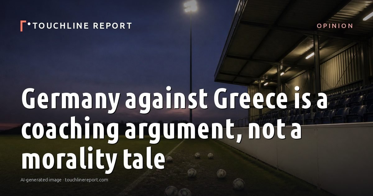 Illustration for the Opinion article “Germany against Greece is a coaching argument, not a morality tale”: an AI-generated editorial illustration showing an empty training ground at dawn with cones and markers laid out, with the headline set over it. Illustrative only, not a photograph of a real event.