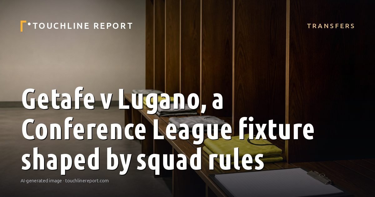 Illustration for the Transfers article “Getafe v Lugano, a Conference League fixture shaped by squad rules”: an AI-generated editorial illustration showing a scene illustrating the subject of the article, with the headline set over it. Illustrative only, not a photograph of a real event.