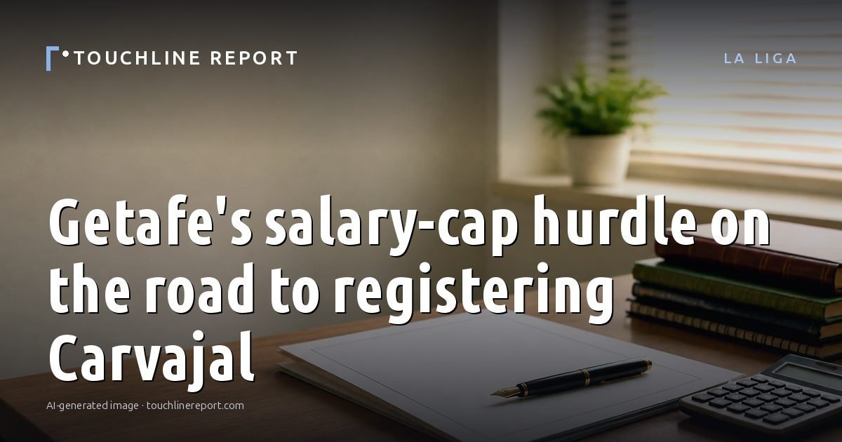 Illustration for the La Liga article “Getafe's salary-cap hurdle on the road to registering Carvajal”: an AI-generated editorial illustration showing a scene illustrating the subject of the article, with the headline set over it. Illustrative only, not a photograph of a real event.