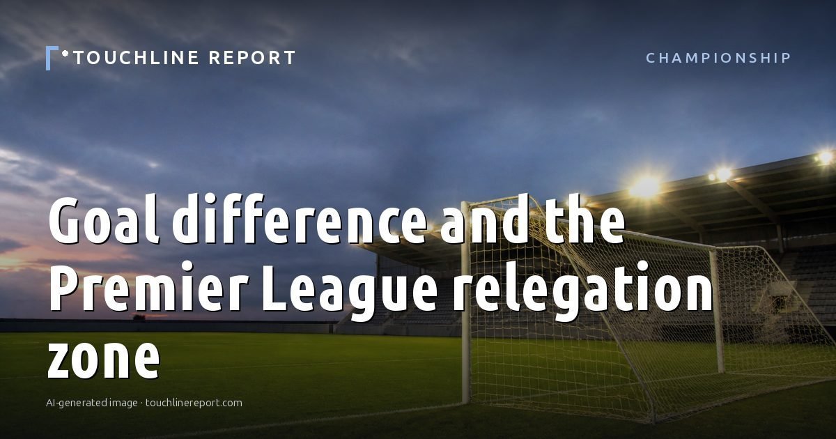 Illustration for the Championship article “Goal difference and the Premier League relegation zone”: an AI-generated editorial illustration showing an empty training ground at dawn with cones and markers laid out, with the headline set over it. Illustrative only, not a photograph of a real event.