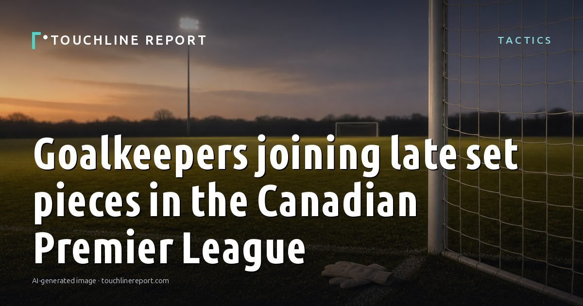 Illustration for the Tactics article “Goalkeepers joining late set pieces in the Canadian Premier League”: an AI-generated editorial illustration showing a scene illustrating the subject of the article, with the headline set over it. Illustrative only, not a photograph of a real event.