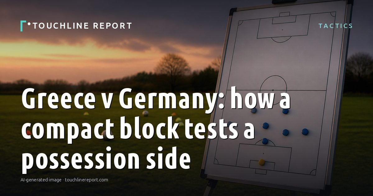 Illustration for the Tactics article “Greece v Germany: how a compact block tests a possession side”: an AI-generated editorial illustration showing an empty training ground at dawn with cones and markers laid out, with the headline set over it. Illustrative only, not a photograph of a real event.