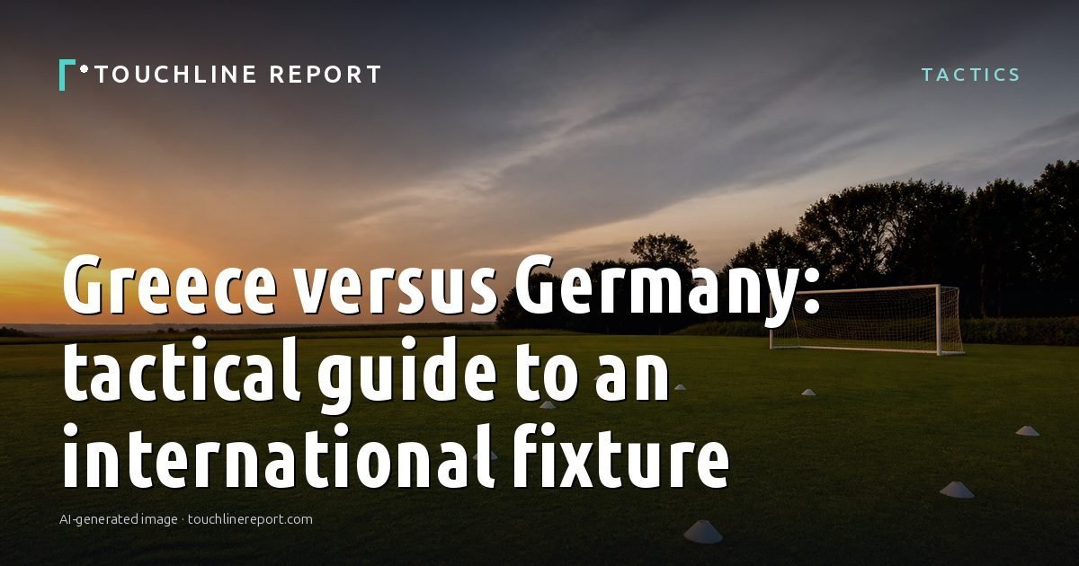 Illustration for the Tactics article “Greece versus Germany: tactical guide to an international fixture”: an AI-generated editorial illustration showing an empty training ground at dawn with cones and markers laid out, with the headline set over it. Illustrative only, not a photograph of a real event.