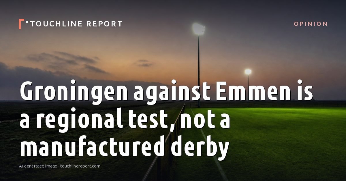 Illustration for the Opinion article “Groningen against Emmen is a regional test, not a manufactured derby”: an AI-generated editorial illustration showing an empty training ground at dawn with cones and markers laid out, with the headline set over it. Illustrative only, not a photograph of a real event.