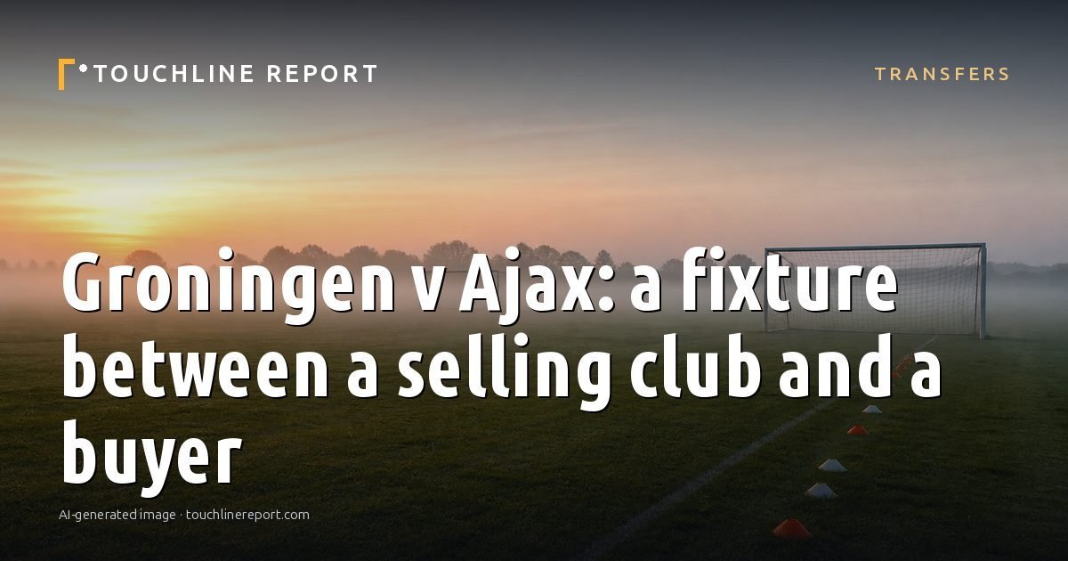 Illustration for the Transfers article “Groningen v Ajax: a fixture between a selling club and a buyer”: an AI-generated editorial illustration showing an empty training ground at dawn with cones and markers laid out, with the headline set over it. Illustrative only, not a photograph of a real event.