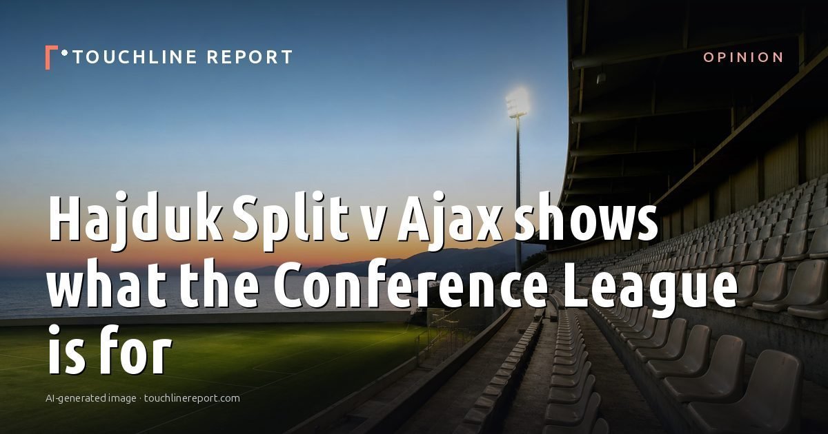 Illustration for the Opinion article “Hajduk Split v Ajax shows what the Conference League is for”: an AI-generated editorial illustration showing an empty training ground at dawn with cones and markers laid out, with the headline set over it. Illustrative only, not a photograph of a real event.