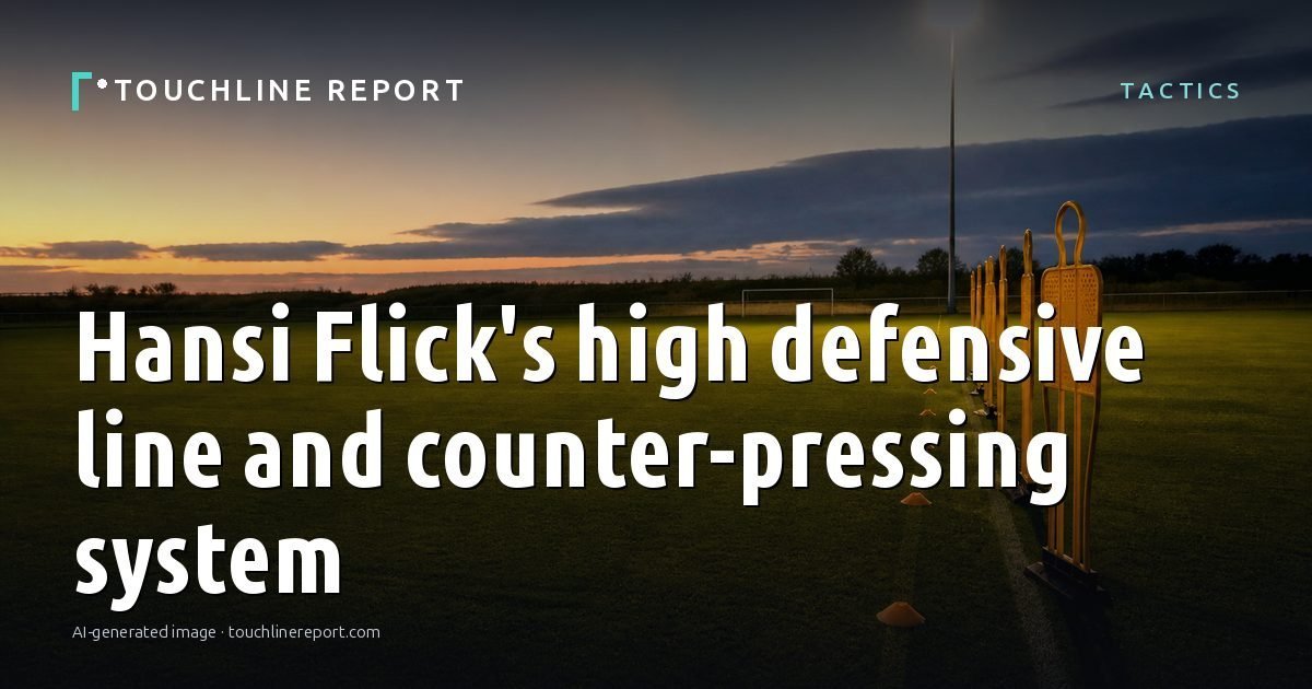 Illustration for the Tactics article “Hansi Flick's high defensive line and counter-pressing system”: an AI-generated editorial illustration showing a scene illustrating the subject of the article, with the headline set over it. Illustrative only, not a photograph of a real event.