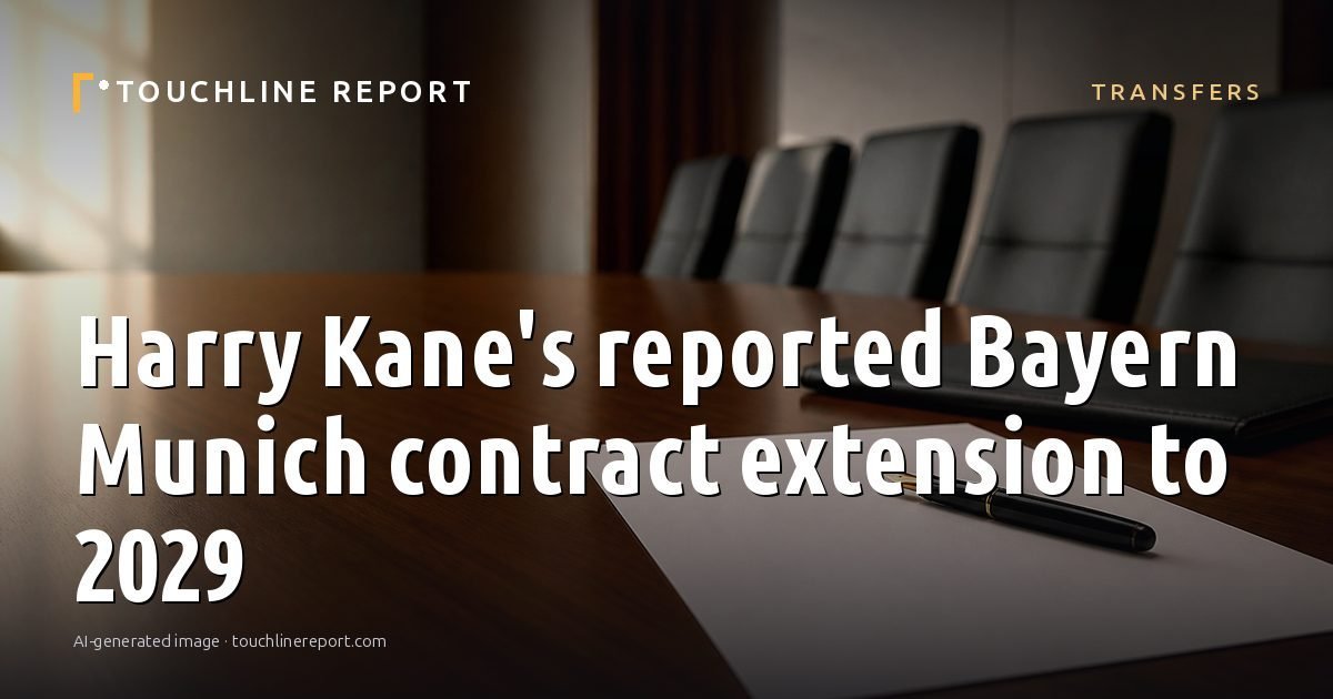 Illustration for the Transfers article “Harry Kane's reported Bayern Munich contract extension to 2029”: an AI-generated editorial illustration showing a scene illustrating the subject of the article, with the headline set over it. Illustrative only, not a photograph of a real event.