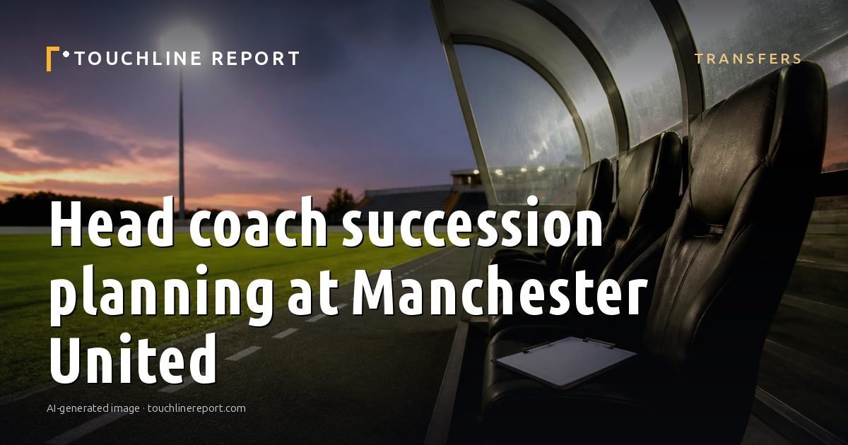 Illustration for the Transfers article “Head coach succession planning at Manchester United”: an AI-generated editorial illustration showing an empty training ground at dawn with cones and markers laid out, with the headline set over it. Illustrative only, not a photograph of a real event.