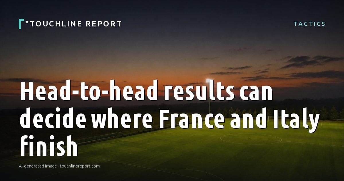 Illustration for the Tactics article “Head-to-head results can decide where France and Italy finish”: an AI-generated editorial illustration showing an empty training ground at dawn with cones and markers laid out, with the headline set over it. Illustrative only, not a photograph of a real event.